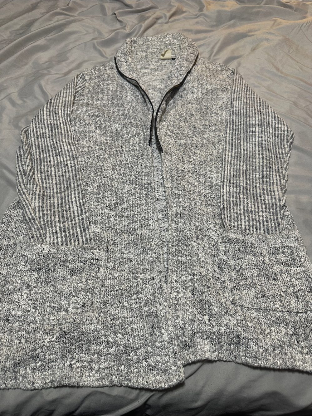 Women's Gray Marled Zip Cardigan with Ribbed Sleeve Detail